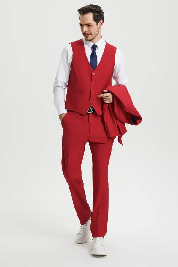 "Mens Stacy Adams Suit - Stacy Adams Suit Men's Designer Suit - Two Button Vested in Red" - 34 Regular