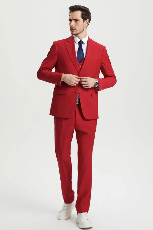 "Mens Stacy Adams Suit - Stacy Adams Suit Men's Designer Suit - Two Button Vested in Red" - 34 Regular