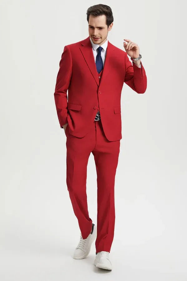 "Mens Stacy Adams Suit - Stacy Adams Suit Men's Designer Suit - Two Button Vested in Red" - 34 Regular