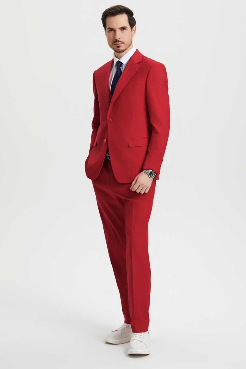 Men's Two Button Vested Stacy Adams Basic Designer Suit in Red - 34 Regular