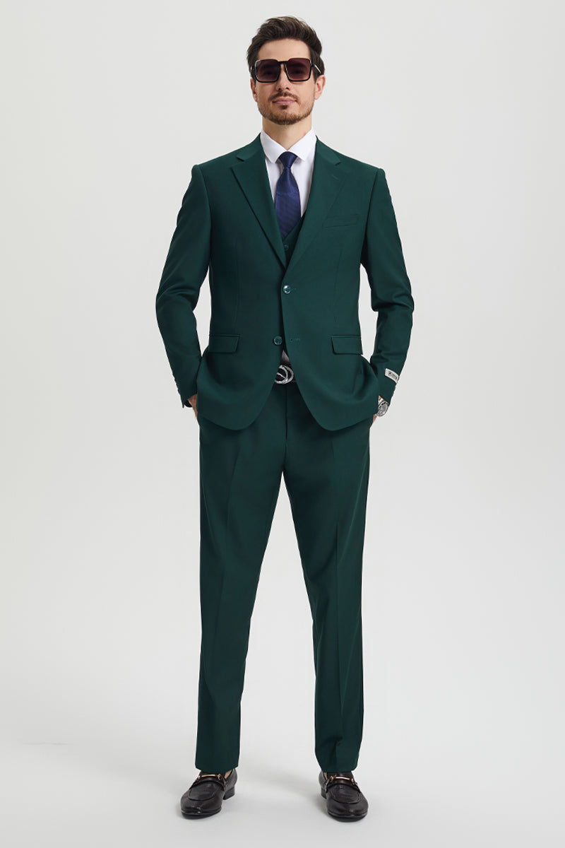 Men's Two Button Vested Stacy Adams Basic Designer Suit in Hunter Green - 34 Regular