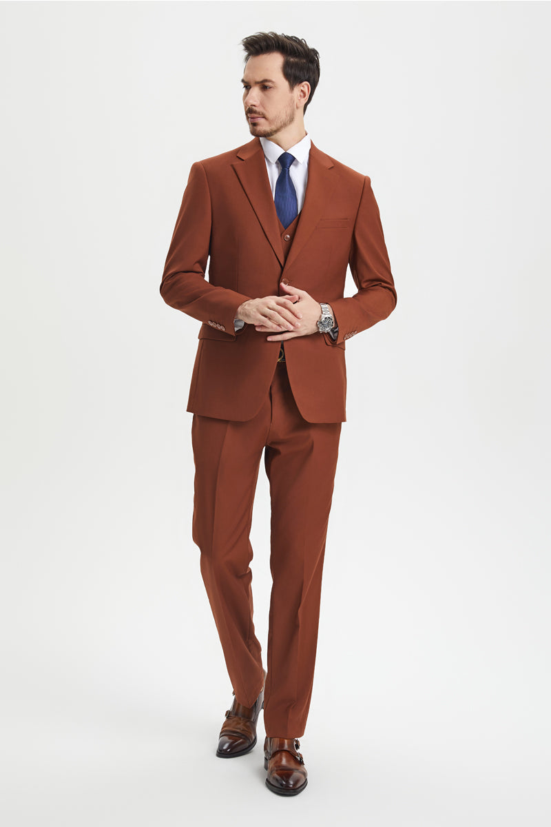 Men's Two Button Vested Stacy Adams Basic Designer Suit in Brown Rust - 34 Regular