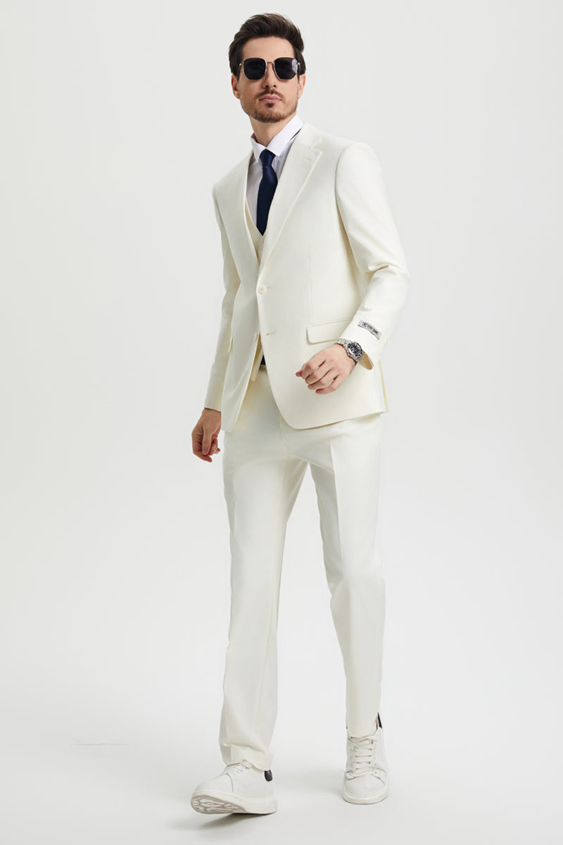 Men's Two Button Vested Stacy Adams Basic Designer Suit in Ivory Off White - 34 Regular