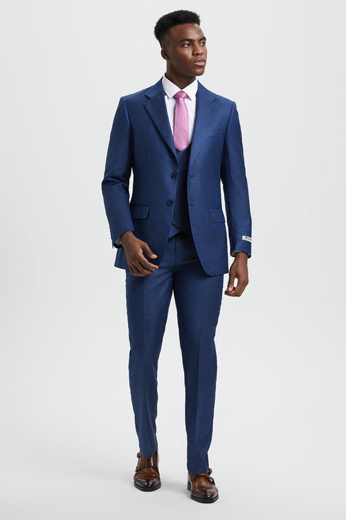 Men's Two Button Vested Stacy Adams Designer Sharkskin Suit in Blue