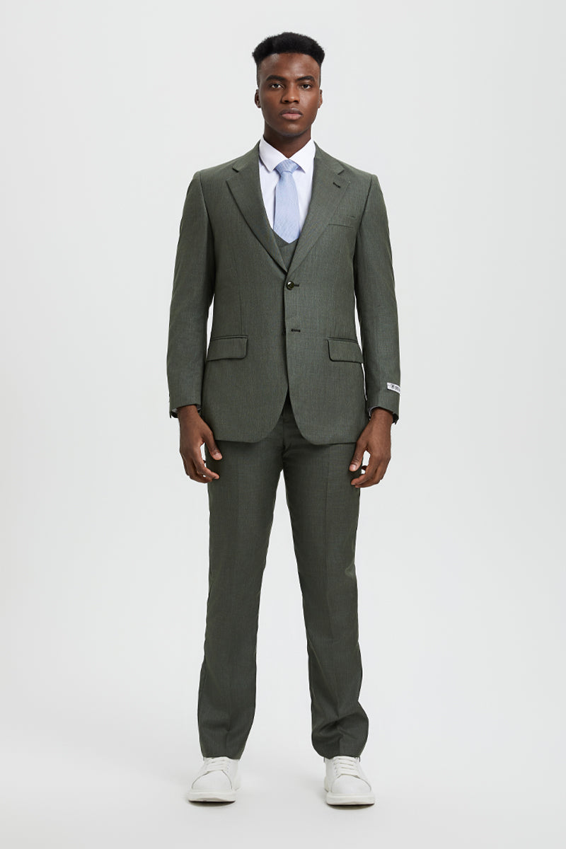 "Stacy Adams Men's Sharkskin Suit - Olive Green, Two Button Vested Design"
