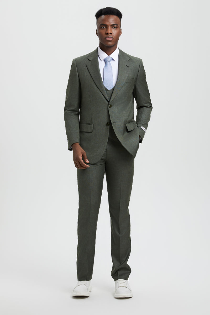 "Stacy Adams Men's Sharkskin Suit - Olive Green, Two Button Vested Design"