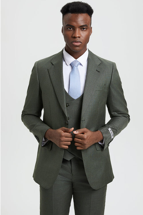 Men's Two Button Vested Stacy Adams Designer Sharkskin Suit in Olive Green