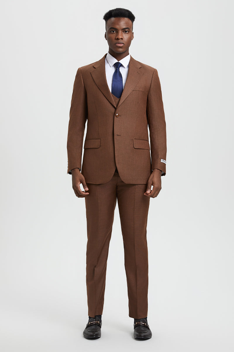 Men's Two Button Vested Stacy Adams Designer Sharkskin Suit in Cognac - 34 Regular