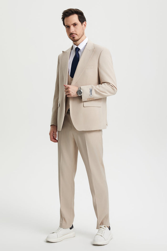 Men's Vested One Button Peak Lapel Stacy Adams Designer Suit in Tan