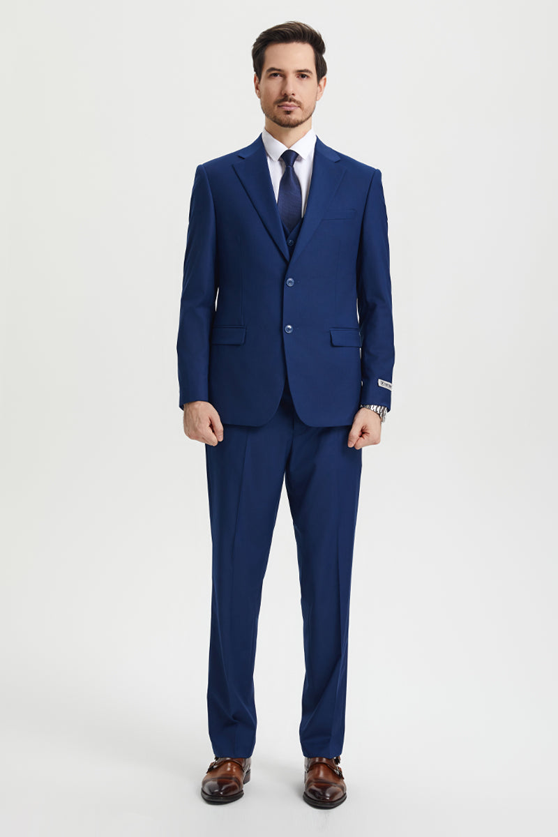 Men's Two Button Vested Stacy Adams Basic Designer Suit in Indigo Blue - 34 Regular