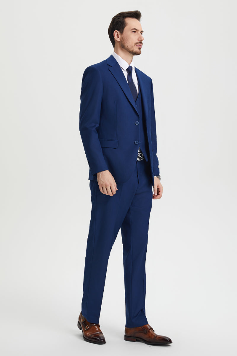 Men's Two Button Vested Stacy Adams Basic Designer Suit in Indigo Blue - 34 Regular