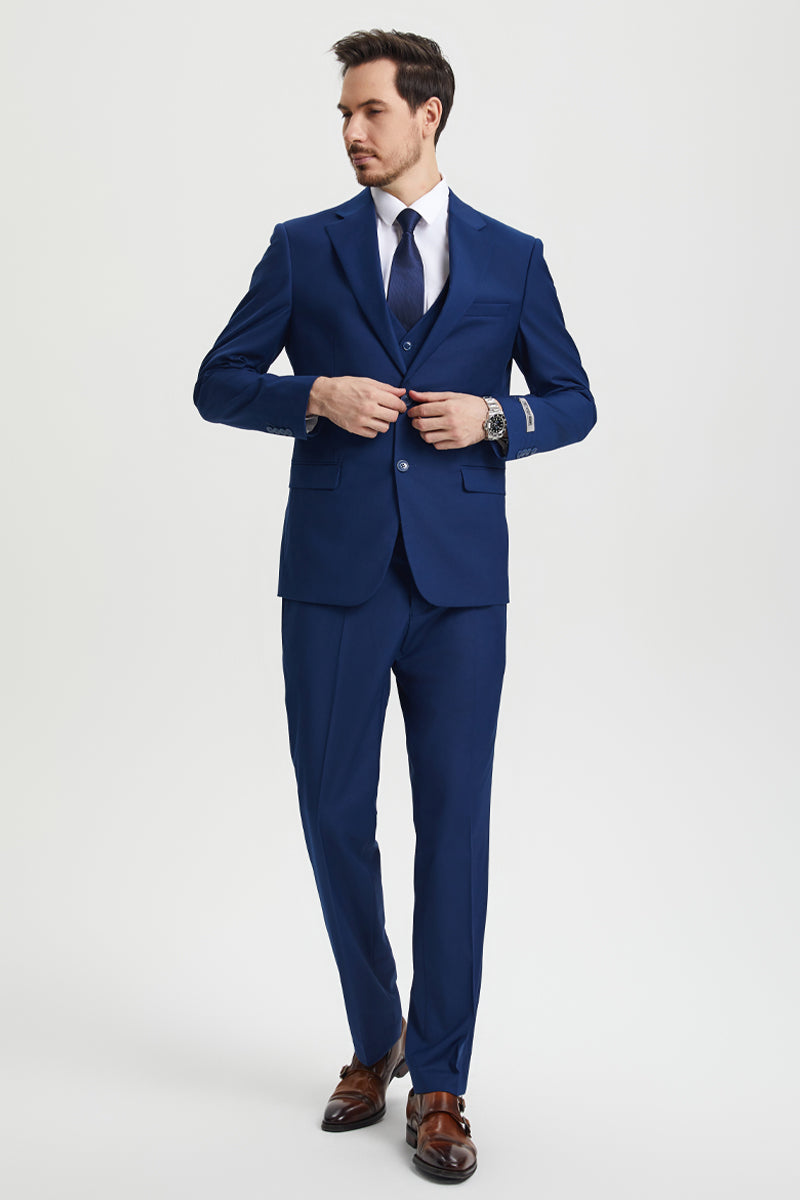 Men's Two Button Vested Stacy Adams Basic Designer Suit in Indigo Blue - 34 Regular