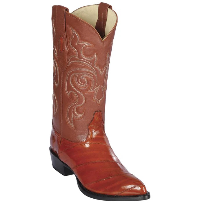 Men's Cognac Eel Skin Cowboy Boots: Genuine Leather Western Dress Boots by Los Altos-New Designer Collection - 6
