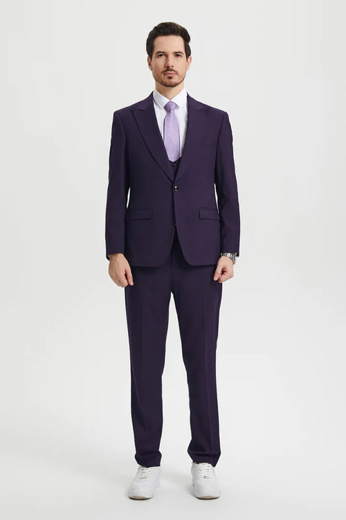Cheap priced Suit- Men's Vested One Button Peak Lapel Stacy Adams Designer Eggplant  Suit