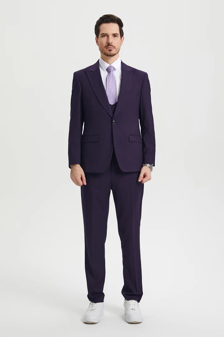 Cheap priced Suit- Men's Vested One Button Peak Lapel Stacy Adams Designer Eggplant  Suit - 38 Short Jacket+32 Waist Adjustable 28to34)(Height: 5 4 to5 7 )(Neck  15-16.5)S-M)