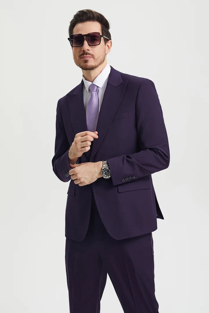 Cheap Suit - Men's Vested One Button Peak Lapel Stacy Adams Designer Eggplant  Suit