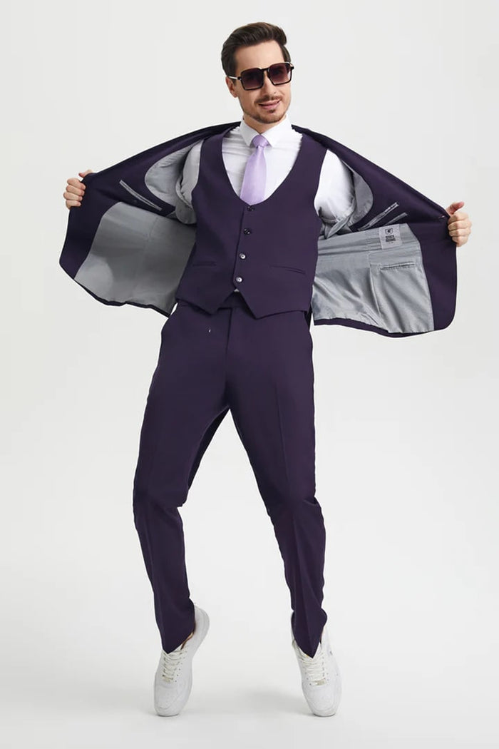 Cheap priced Suit- Men's Vested One Button Peak Lapel Stacy Adams Designer Eggplant  Suit