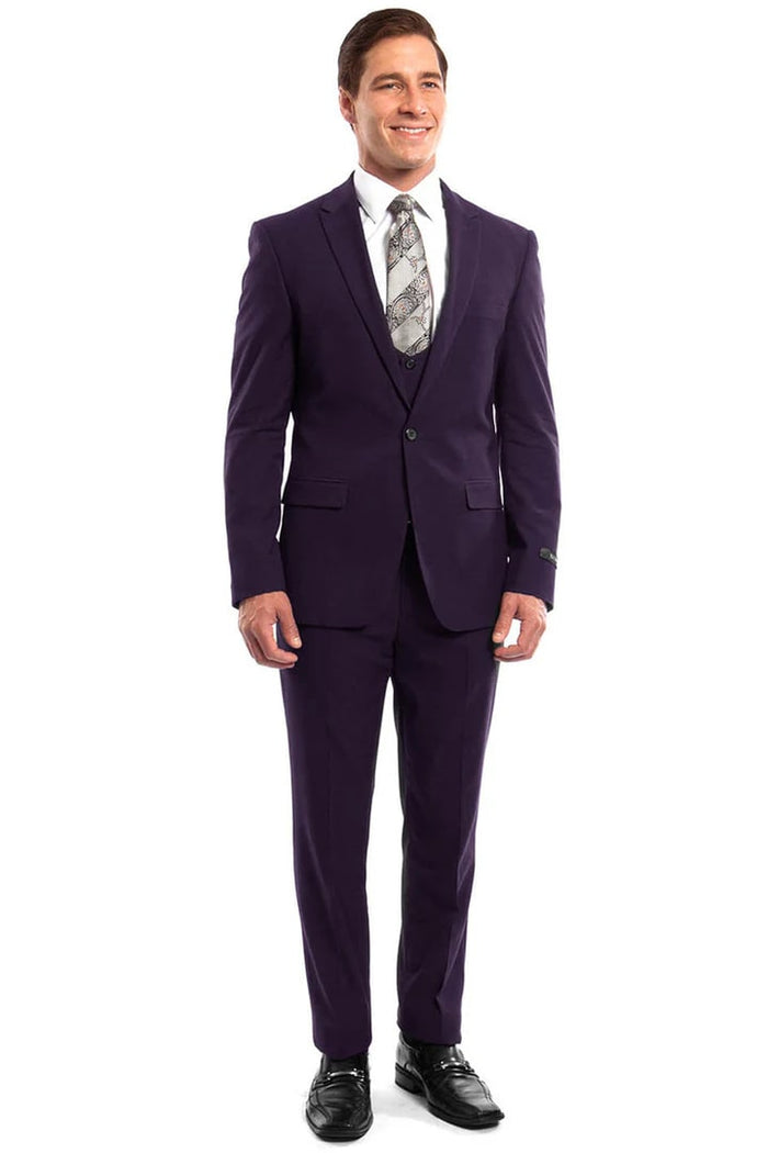 Cheap priced Suit  - Men's One Button Peak Lapel Skinny Wedding & Prom 2026 Eggplant Suit With Lowcut Vest