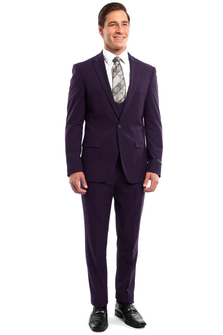 Cheap Suit - Men's One Button Peak Lapel Skinny Wedding & Prom Eggplant Suit With Lowcut Vest