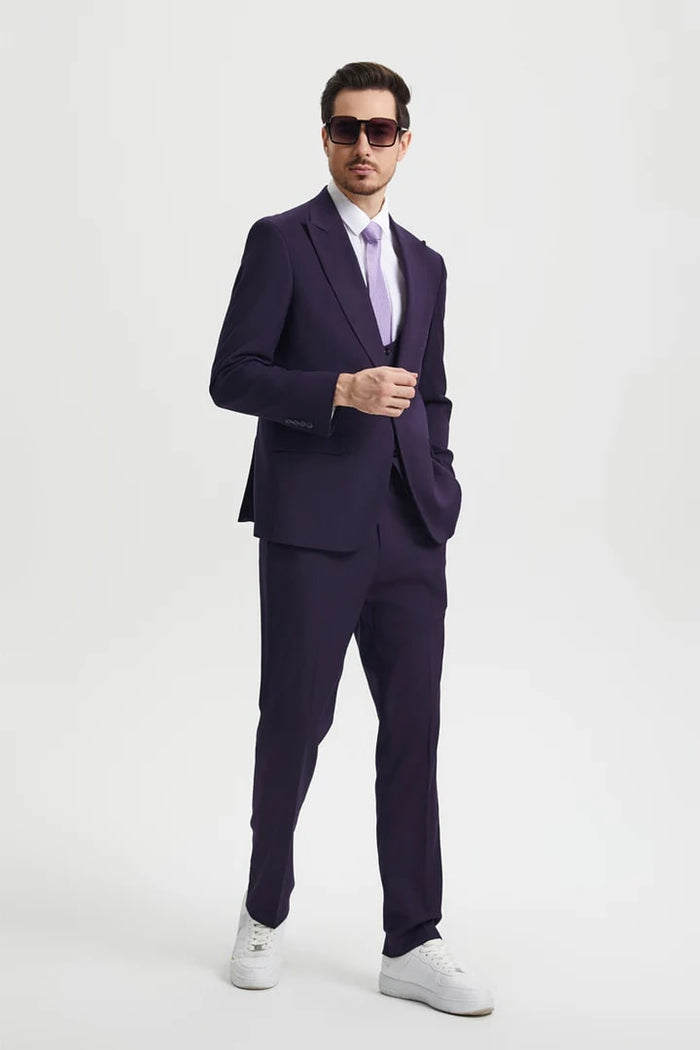 Cheap priced Suit- Men's Vested One Button Peak Lapel Stacy Adams Designer Eggplant  Suit