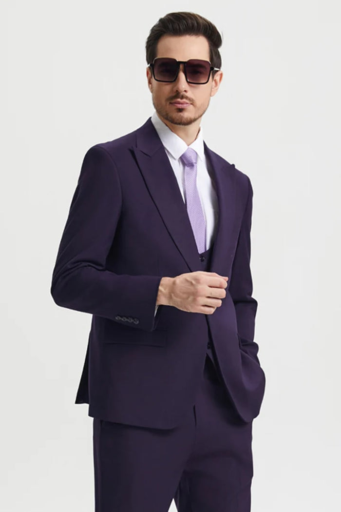 Cheap priced Suit- Men's Vested One Button Peak Lapel Stacy Adams Designer Eggplant  Suit