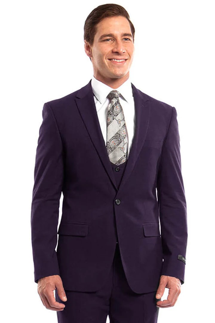 Cheap Suit - Men's One Button Peak Lapel Skinny Wedding & Prom Eggplant Suit With Lowcut Vest