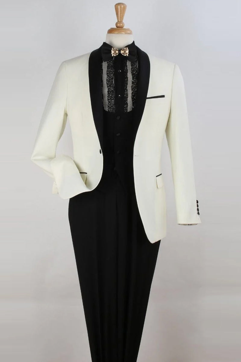 "Ivory Shawl Tuxedo: Men's 1-Button Scoop Vested Suit"