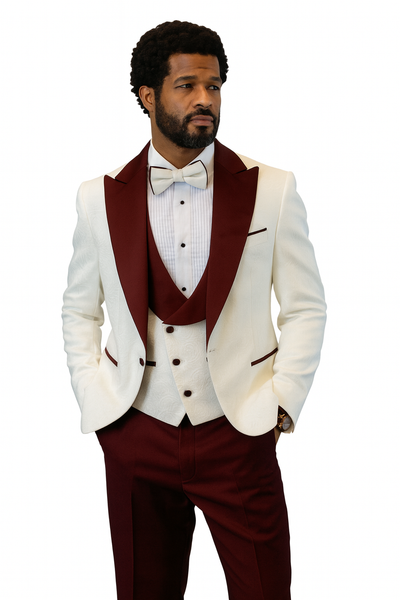 Hilton White and Burgundy Paisley Peak Lapel Tuxedo Jacket with Matching Shawl Vest and Wool Pants Includes Bow Tie
