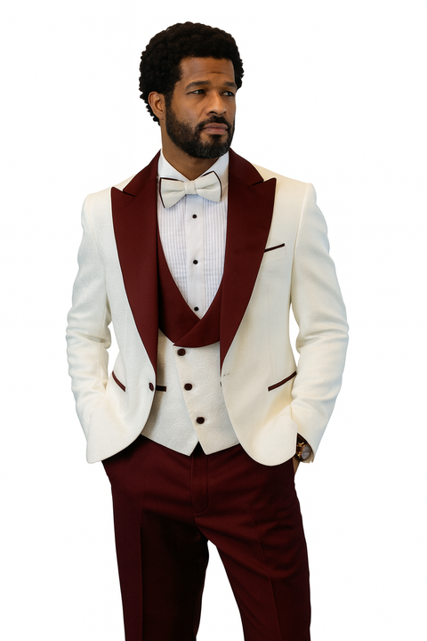 Hilton White and Burgundy Paisley Peak Lapel Tuxedo Jacket with Matching Shawl Vest and Wool Pants – Includes Bow Tie