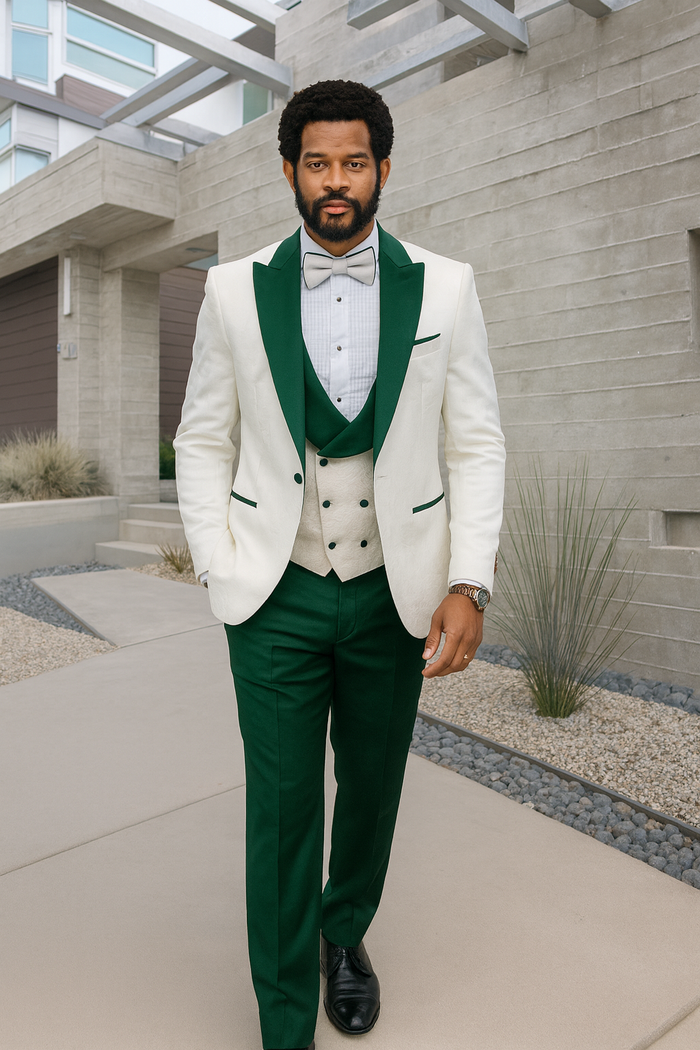 Hilton White and Hunter Green Paisley Peak Lapel Tuxedo Jacket with Matching Shawl Vest and Wool Pants Includes Bow Tie