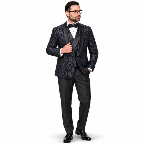 3-Piece Black Lace Tuxedo with Satin Shawl Lapel & Satin Trim