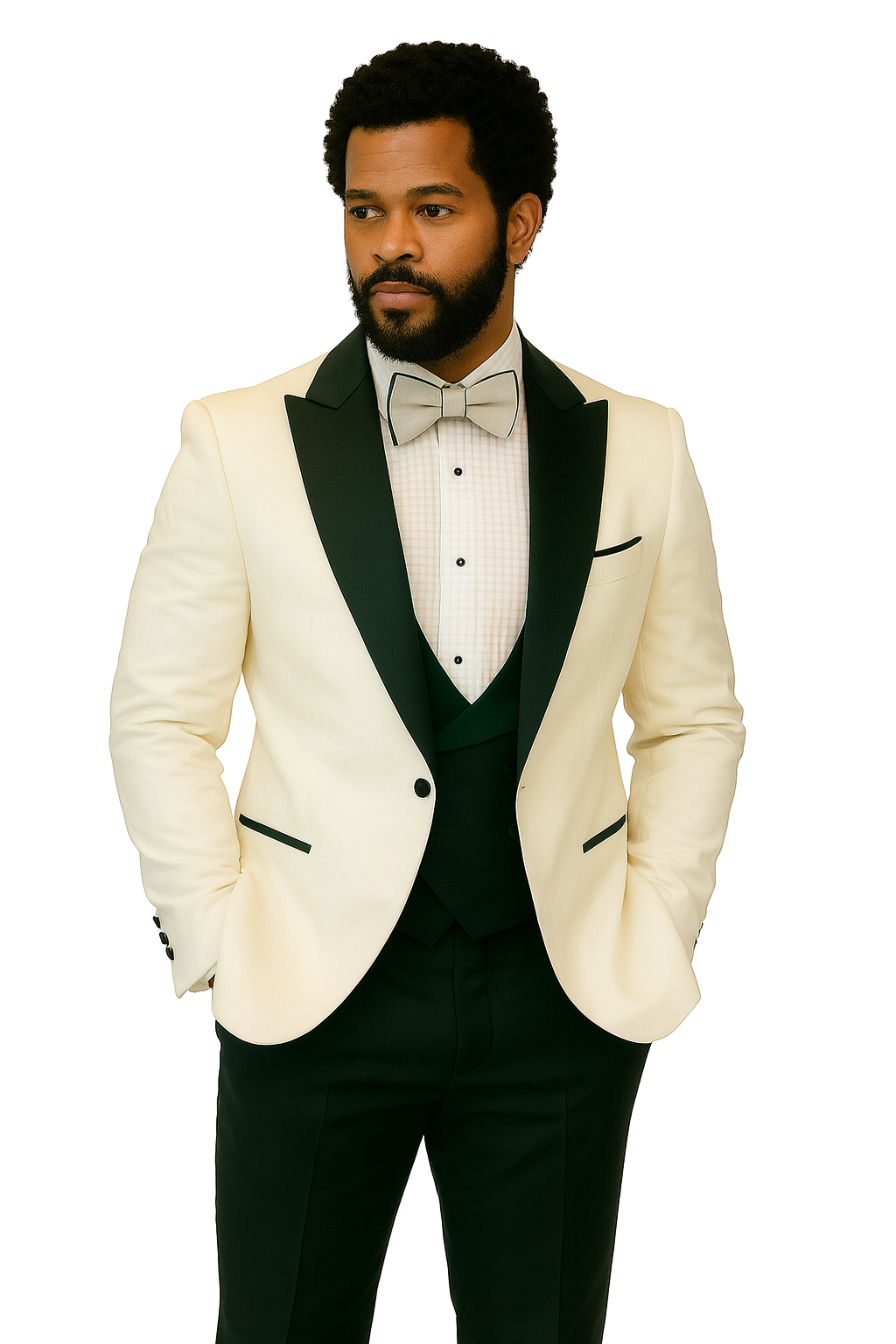 Hilton White and Black Paisley Peak Lapel Tuxedo Jacket with Matching Shawl Vest and Wool Pants – Includes Bow Tie - 34 Short or Extra Small