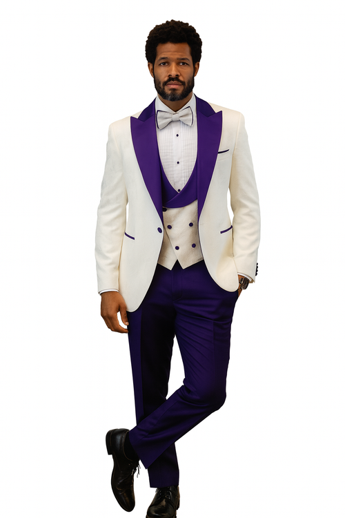 Hilton White and Purple Paisley Peak Lapel Tuxedo Jacket with Matching Shawl Vest and Wool Pants Includes Bow Tie