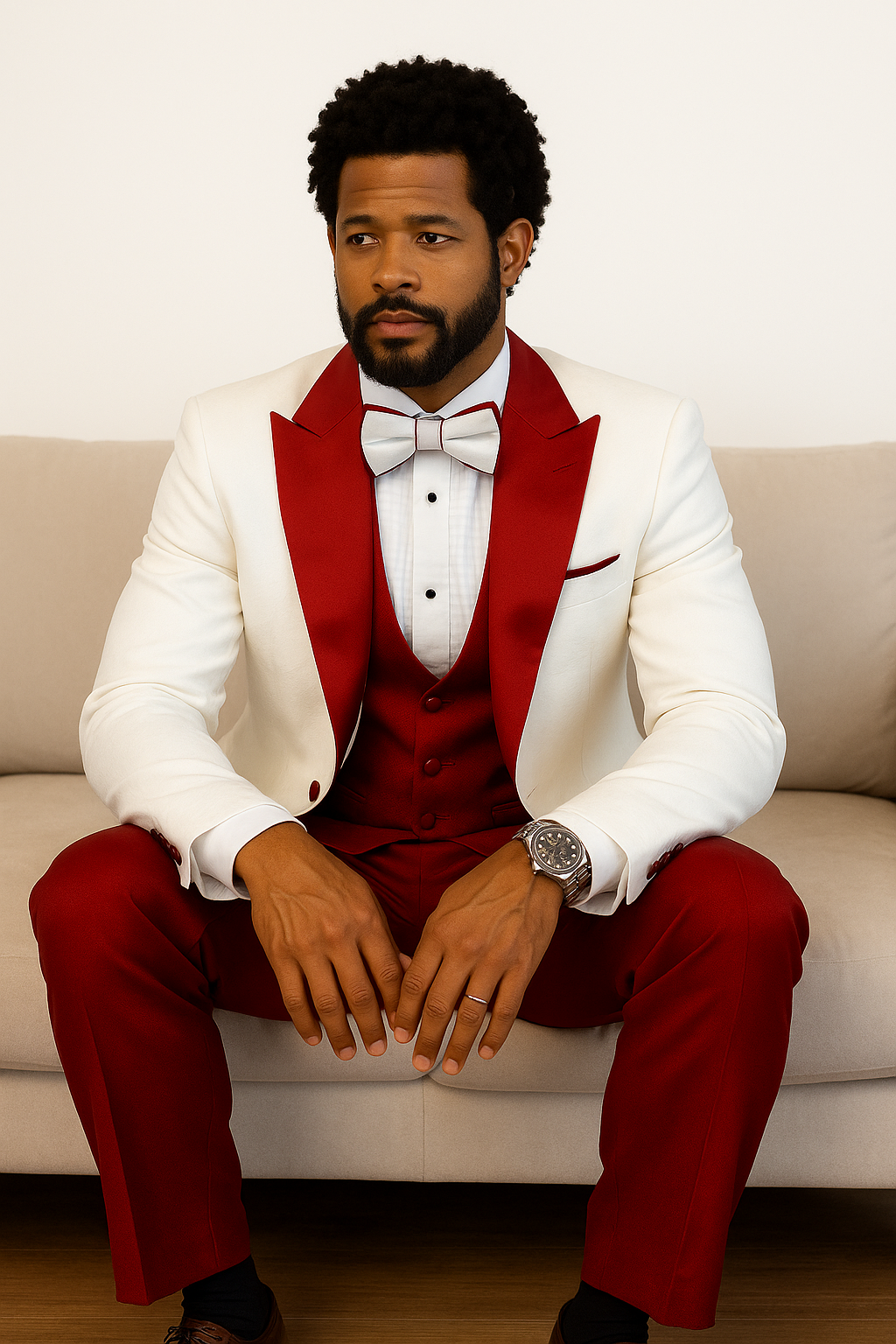 Hilton White and Red Paisley Peak Lapel Tuxedo Jacket with Matching Shawl Vest and Wool Pants – Includes Bow Tie - 34 Short or Extra Small
