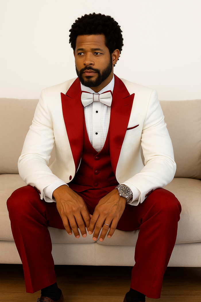 Hilton White and Red Paisley Peak Lapel Tuxedo Jacket with Matching Shawl Vest and Wool Pants Includes Bow Tie