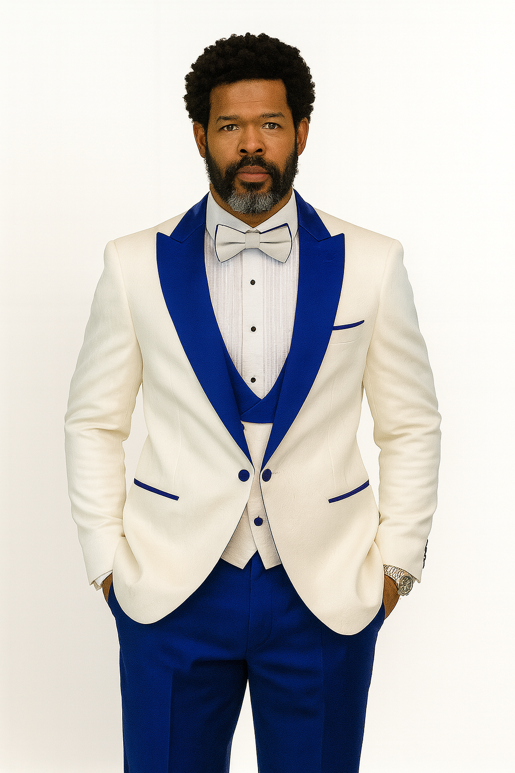 Hilton White and Royal Blue Paisley Peak Lapel Tuxedo Jacket with Matching Shawl Vest and Wool Pants – Includes Bow Tie - 34 Short or Extra Small