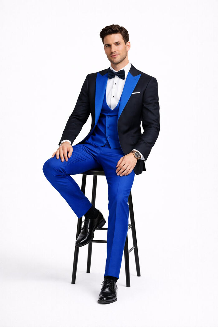 Statement Fashion Tuxedo Suit Mens Royal Two Tone 3 Piece