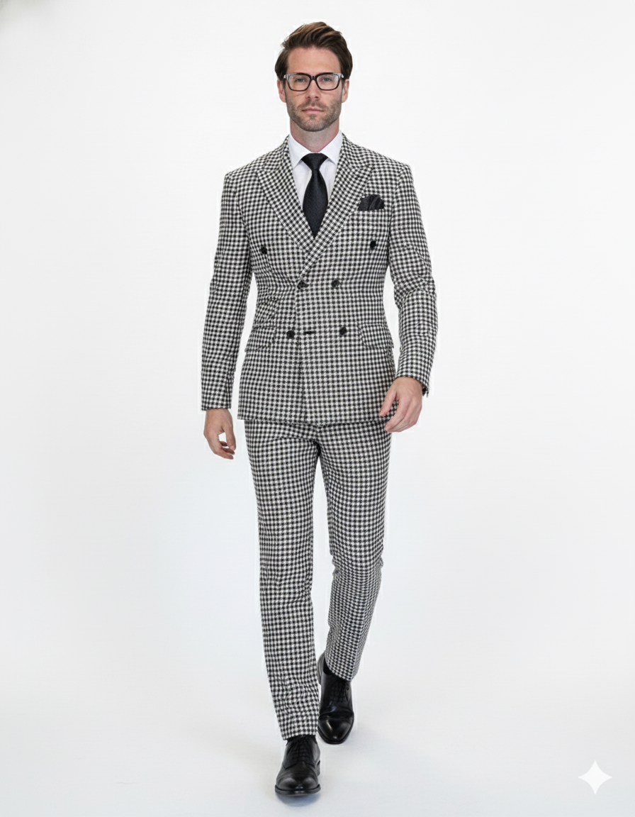 Double Breasted Suits - Vested Suits Wool Fabric  - Black Houndstooth Suit - 34 Short or Extra Small