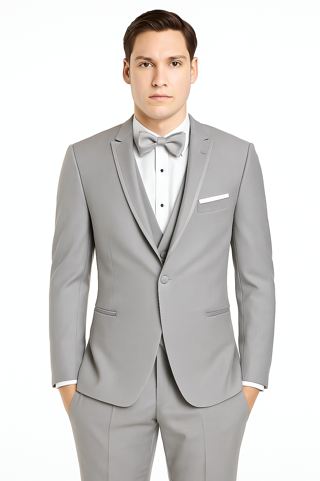 Mens Designer Marseille One Button Satin Trimmed Peak Tuxedo Light Grey - 38 Short Jacket+32 Waist Adjustable 28to34)(Height: 5 4 to5 7 )(Neck  15-16.5)S-M)