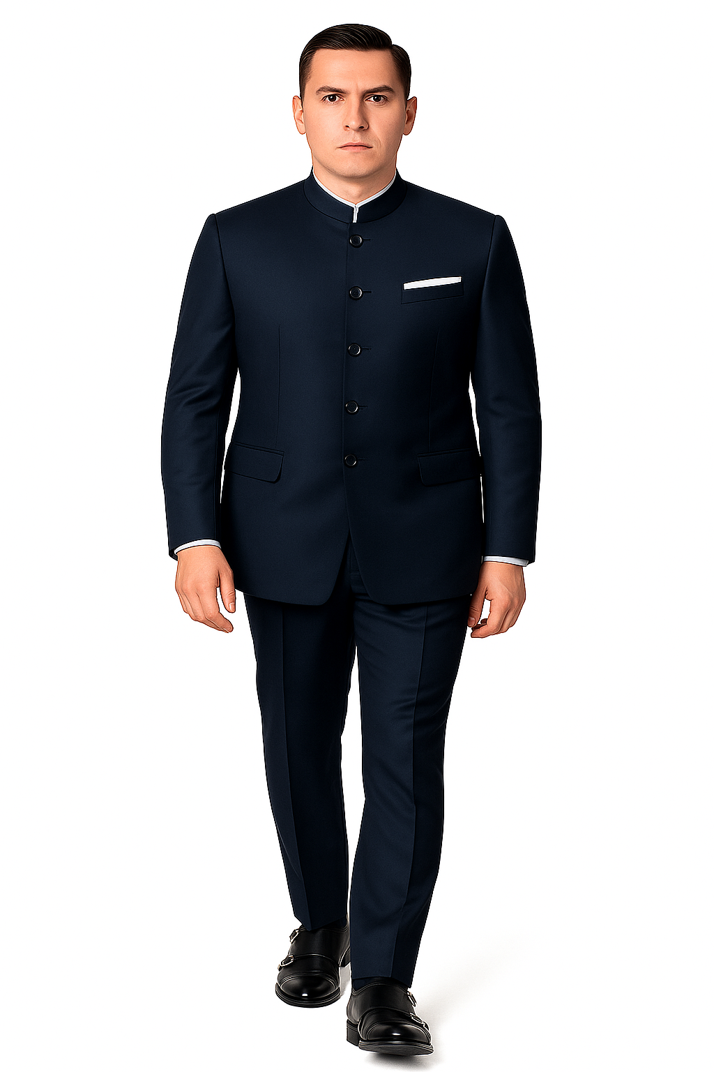 Mandarin Suit - Navy Blue Color Banded Collar Suit - Chines Collar in Color Dark Blue - Coat Size 38