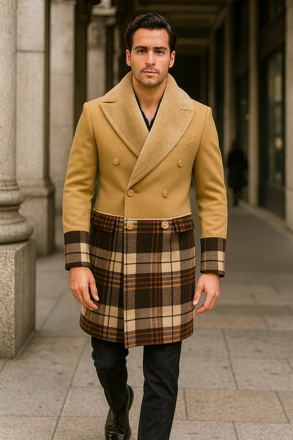 Mens Wool Plaid Peacoat - Plaid Pattern Wool camel-tan Coat - Coat Size 38