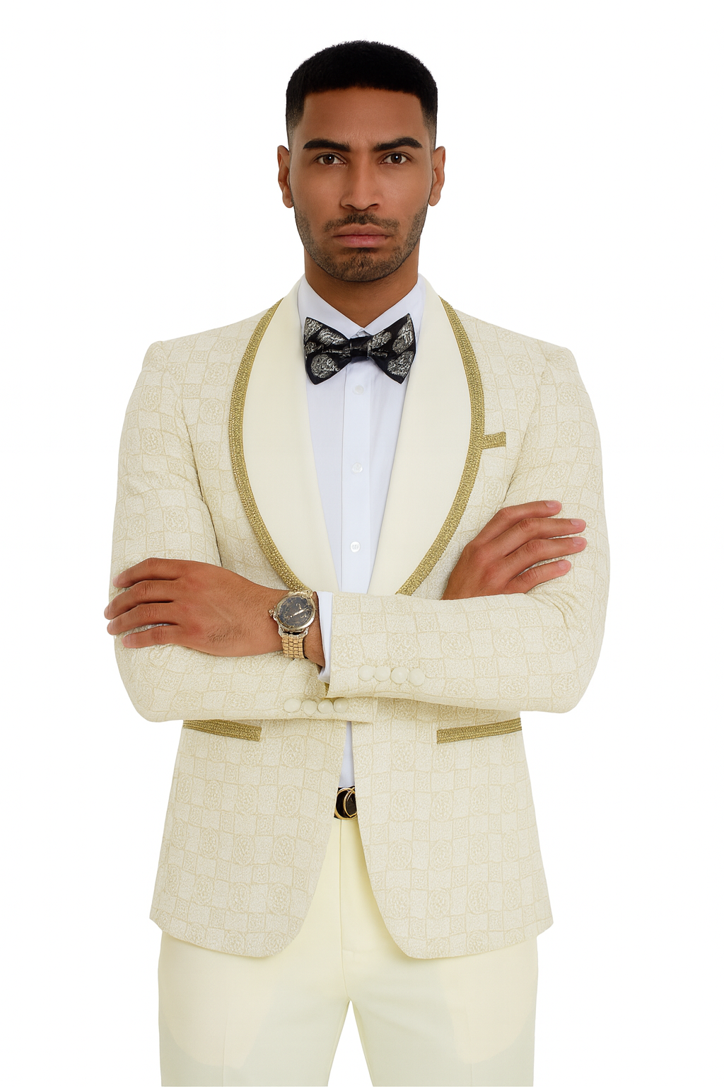 2025 Ivory and Gold 2pc Men's Prom 2025 Suit by Tazzio - 38 Short Jacket+32 Waist Adjustable 28to34)(Height: 5 4 to5 7 )(Neck  15-16.5)S-M)