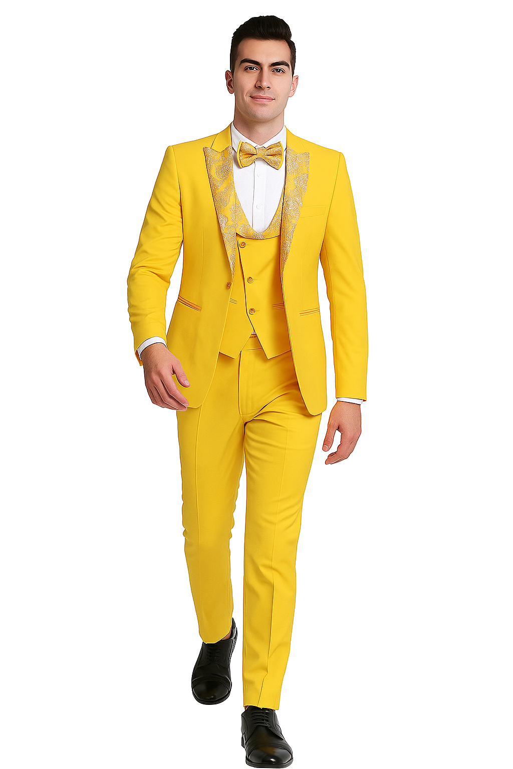 Radiant Golden Bloom Mens 3-Piece Suit with Floral Peak Lapel - 36 Short