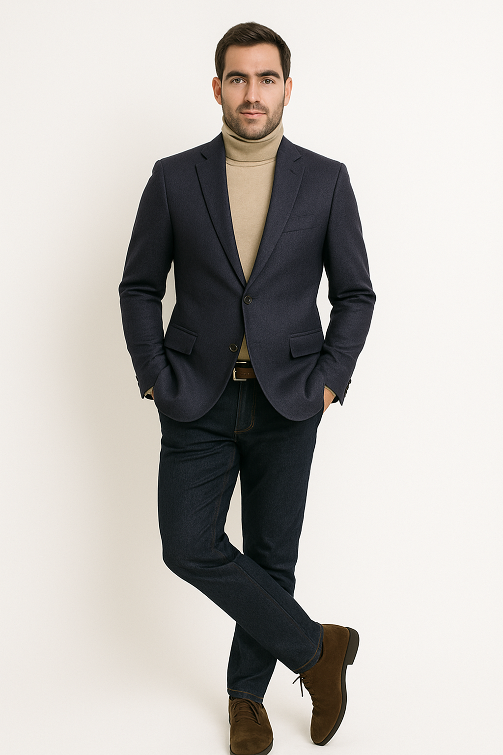 Mens Two Button Navy Cashmere Jacket with Notch Lapel - 36 Short