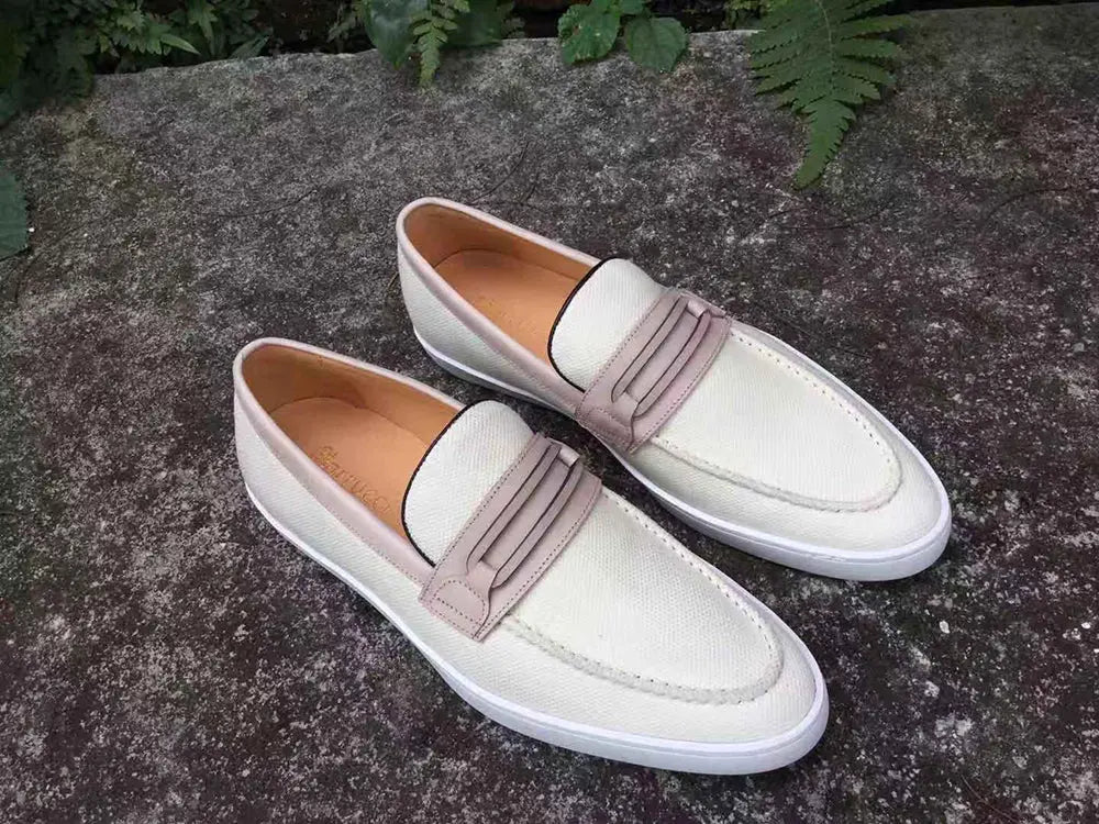 Embossed Leather Strap Linen Sneaker - 9