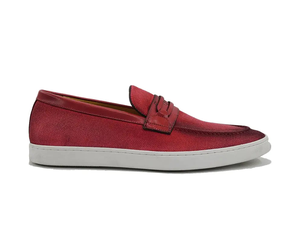 Embossed Leather Strap Linen Sneaker - 9