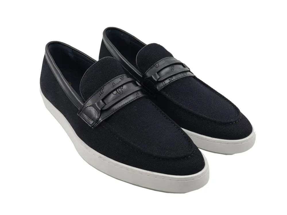 Embossed Leather Strap Linen Sneaker - 9