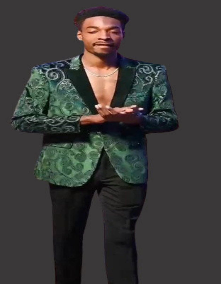 Mens Emerald Green Paisley Blazer With Black Lapel - Velvet Fabric Wedding Tuxedo Dinner Jacket - 36 Short