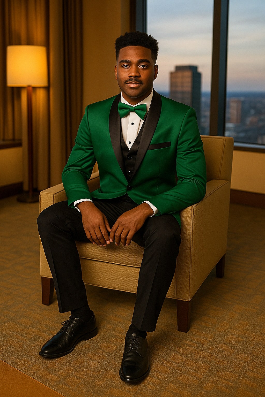 Men's Emerald Green Satin Tuxedo With Black Peak Lapel And Bow Tie Formal Slim Fit Suit 34 Short or Extra Small Men's Emerald Green Satin Tuxedo With Black Peak Lapel And Bow Tie Formal Slim Fit Suit 34 Short or Extra Small