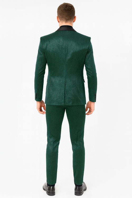 Mens Emerald Green Shiny Stripe Tuxedo Suit â€“ Slim Fit 2-Piece Satin Lapel Dinner Jacket and Pants Ultra slim fit